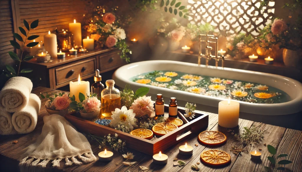 A tranquil spa-like setting with a wooden tray holding herbal tea, candles, essential oils, and fresh flowers beside a luxurious bath filled with floating citrus slices and flower petals, illuminated by soft, warm lighting