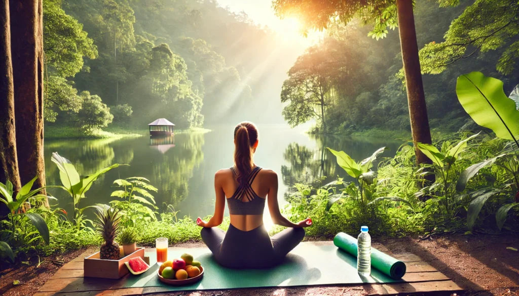 A serene morning yoga and meditation session in nature, with a woman sitting cross-legged on a yoga mat by a tranquil lake, surrounded by lush greenery, sunlight filtering through trees, and a water bottle with a bowl of fresh fruits nearby