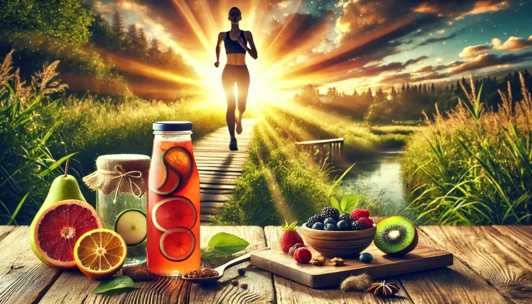 An invigorating fitness and wellness scene with a person jogging on a scenic nature trail at sunrise, accompanied by a bottle of infused detox water and a bowl of nuts and berries on a nearby bench, symbolizing vitality and detox benefits