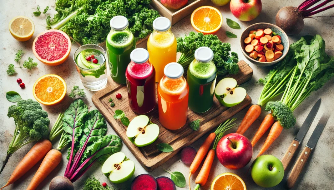 A vibrant top-down view of a detox juice cleanse setup, featuring colorful freshly pressed juices in glass bottles surrounded by fresh ingredients like kale, carrots, beets, apples, and citrus slices, symbolizing health and wellness