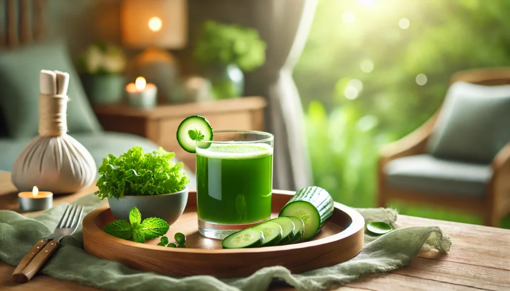 A serene spa-like setting featuring a glass of green detox juice on a wooden tray, surrounded by fresh leafy greens, sliced cucumbers, and a sprig of mint, with a softly blurred nature scene in the background, evoking relaxation and well-being