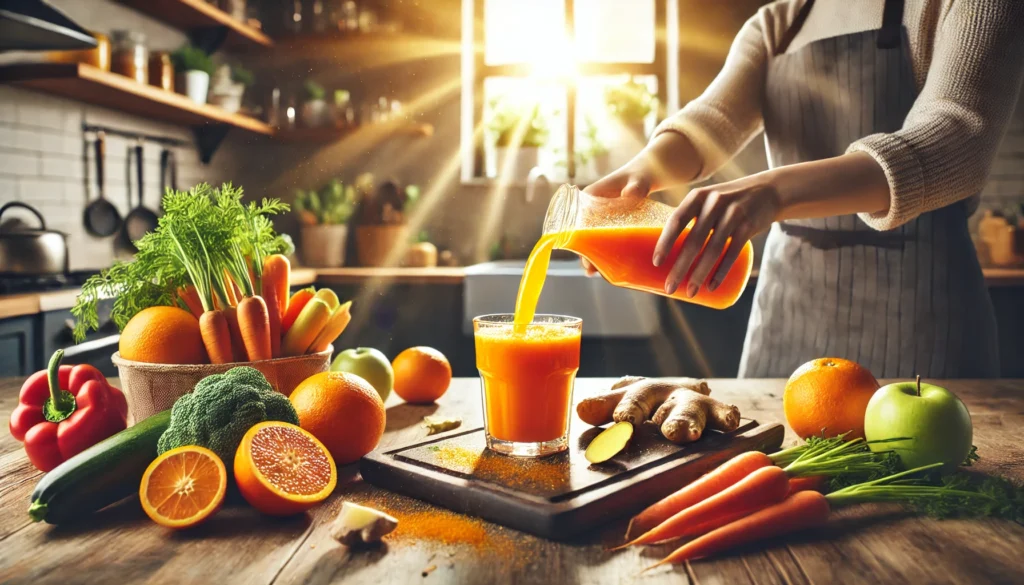 A dynamic and energetic scene of a person pouring vibrant orange detox juice into a glass, surrounded by fresh ingredients like carrots, oranges, and ginger, with sunlight streaming through a kitchen window, emphasizing freshness and vitality
