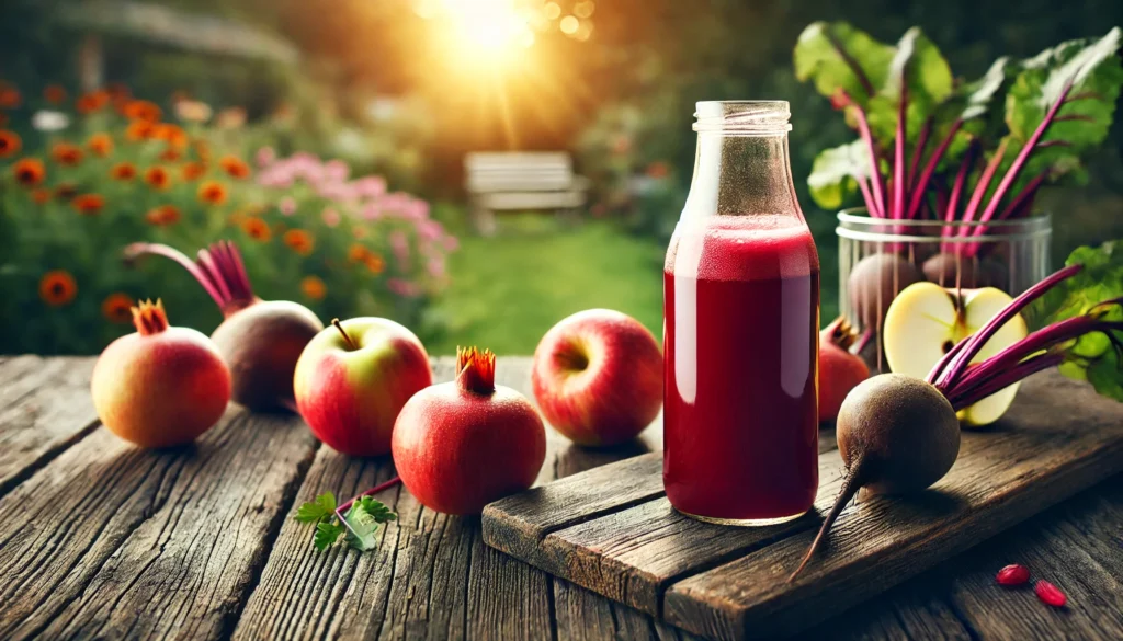 A peaceful morning scene featuring a bottle of red detox juice on a rustic wooden table, surrounded by fresh beets, apples, and pomegranates, with a soft-focus sunrise over a garden in the background, symbolizing natural renewal and rejuvenation