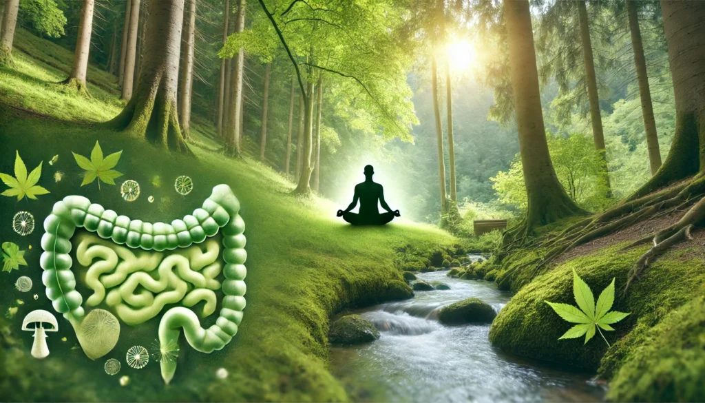  A peaceful natural setting with a person meditating in a lush green forest. Sunlight filters through the trees, and a gentle stream flows nearby, symbolizing inner cleansing, detoxification, and digestive well-being