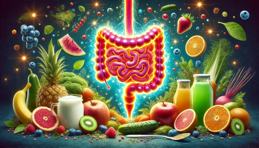 A glowing digestive tract surrounded by fresh fruits, vegetables, yogurt, and kombucha, symbolizing nourishment, balanced digestion, and the benefits of a 15-day cleanse