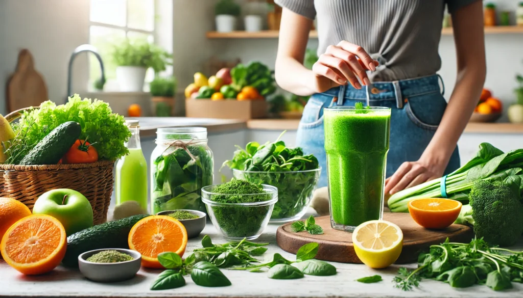 A person drinking a green detox smoothie in a bright, clean kitchen surrounded by fresh leafy greens, citrus fruits, and herbs, symbolizing natural detoxification and improved gut and colon health