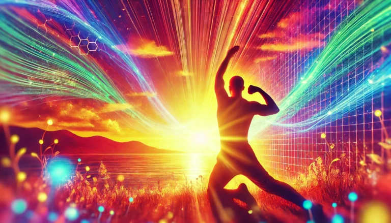 A rejuvenated person stretching outdoors at sunrise, surrounded by a warm, colorful, and glowing background, symbolizing vitality, improved digestion, and renewed energy after a 15-day cleanse