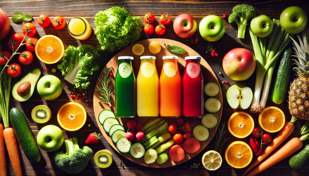 A vibrant top-down view of a wooden kitchen counter featuring fresh fruits, vegetables, and colorful juice-filled glass bottles in green, orange, and red hues, representing a nutrient-rich 10-day juice cleanse