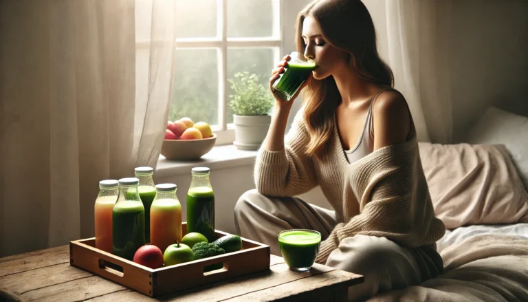 A serene wellness scene of a woman sitting by a window in soft natural light, sipping a green juice with a wooden tray of assorted fresh juices and fruits beside her, representing relaxation and the benefits of a 10-day juice cleanse