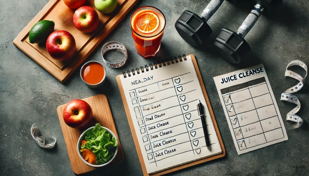 A visually engaging fitness and wellness setup featuring a wooden table with a glass of fresh juice, a notepad with a meal planning checklist, and a pair of dumbbells, symbolizing the balance of nutrition and exercise during a 10-day juice cleanse for weight loss