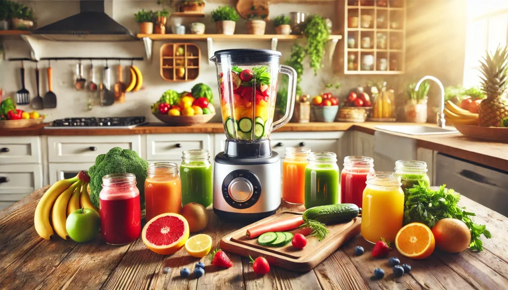 A bright and inviting kitchen scene featuring a blender filled with fresh fruits and vegetables, surrounded by glass jars of colorful juices, symbolizing the preparation and excitement of starting a 10-day juice cleanse for health and weight loss