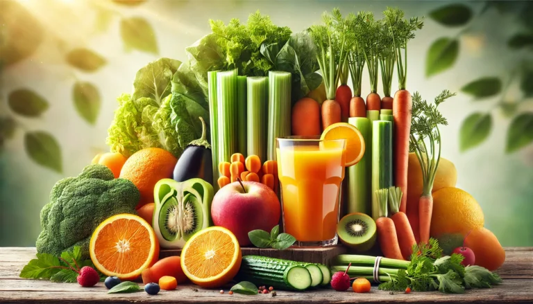 A vibrant display of fresh oranges, carrots, celery, and leafy greens arranged alongside glasses of colorful juice, bathed in natural light to evoke freshness, health, and detoxification benefits