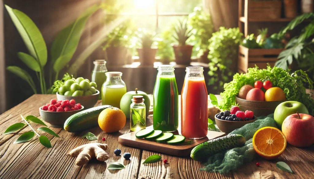 A peaceful wellness setup featuring bottles of green, red, and orange detox juices on a wooden table, surrounded by fresh cucumber, ginger, and berries, with soft sunlight creating a calming, rejuvenating ambiance