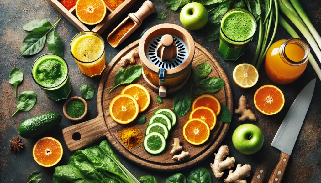 A top-down view of a juice cleanse preparation, featuring a cutting board with freshly sliced citrus fruits, leafy greens, turmeric, and ginger, alongside a wooden juicer and vibrant glasses of freshly pressed juice, symbolizing a natural and healthy lifestyle