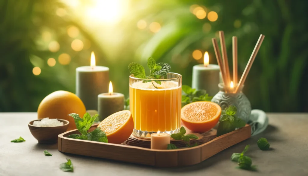 A tranquil spa-inspired setting featuring a glass of detox juice on a wooden tray, surrounded by a lit candle, fresh mint leaves, and sliced citrus fruits, with soft green foliage in the background enhancing the atmosphere of relaxation and holistic wellness