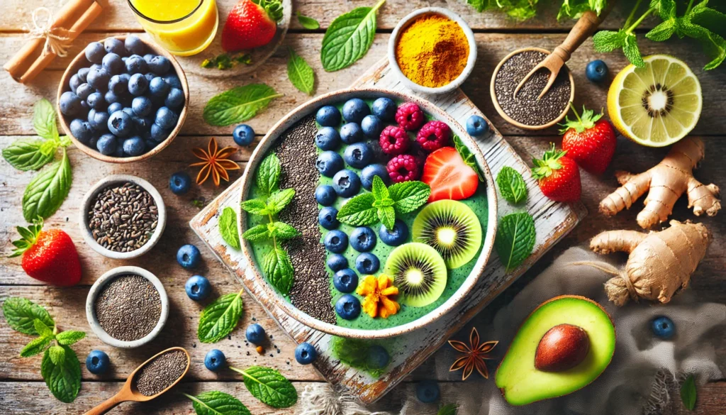 A colorful detox smoothie bowl topped with fresh berries, kiwi, and chia seeds, surrounded by natural detox ingredients like turmeric and mint on a rustic wooden table. The image exudes freshness and vitality, representing a natural detox cleanse