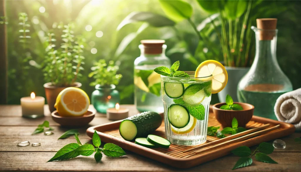 A tranquil spa-inspired scene with a glass of detox water infused with lemon, cucumber, and mint, placed on a bamboo tray against a lush green backdrop. The image conveys relaxation, hydration, and natural detoxification