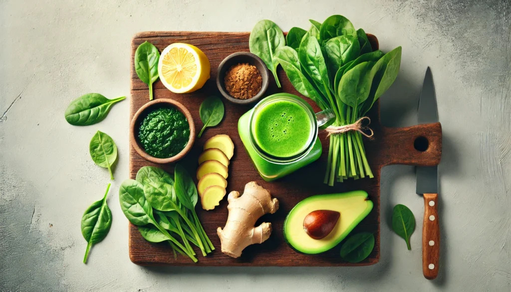 A clean and minimalist top-down view of a wooden cutting board with fresh detox ingredients like ginger, lemon, leafy greens, and avocado, alongside a glass of green detox smoothie. The image highlights natural, wholesome detox foods