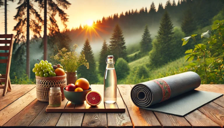 A peaceful outdoor scene featuring a yoga mat, a bottle of detox water, and a bowl of fresh fruits on a wooden deck overlooking a forest at sunrise. The image symbolizes holistic well-being, detoxification, and mindfulness