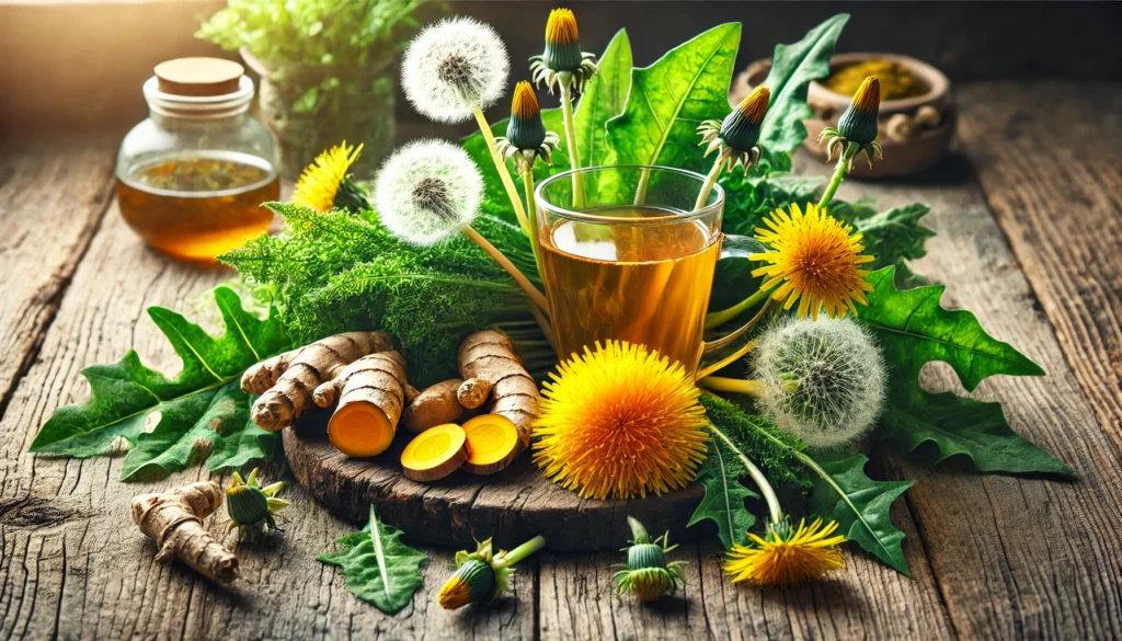 A vibrant display of natural liver detox ingredients, including fresh turmeric roots, milk thistle flowers, dandelion greens, and a glass of infused herbal tea, arranged on a rustic wooden table under soft natural light