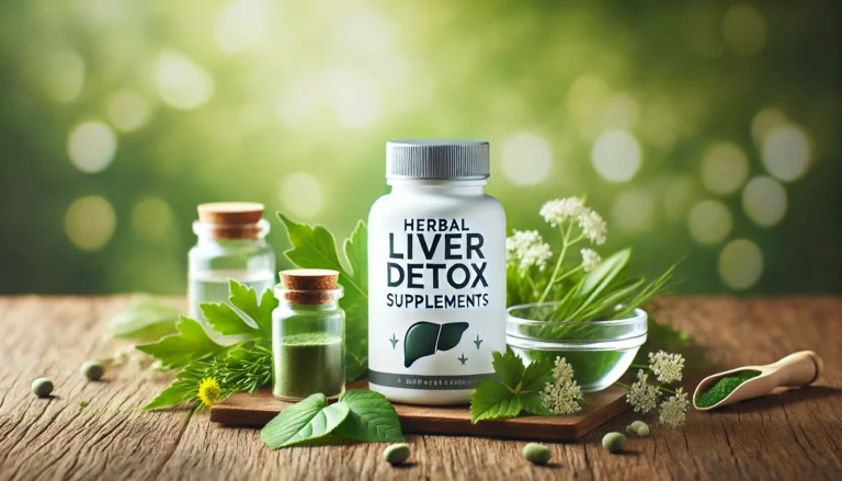 A tranquil wellness scene featuring a bottle of herbal liver detox supplements, surrounded by fresh herbs and natural ingredients, set against a blurred greenery background symbolizing purity and health
