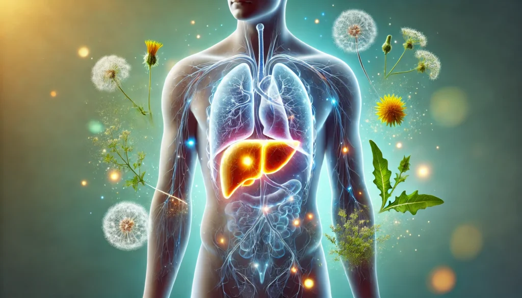 A glowing, semi-transparent human torso with an illuminated liver, symbolizing detoxification and vitality, surrounded by floating herbal elements like milk thistle, dandelion, and turmeric against a calming blue-green gradient background
