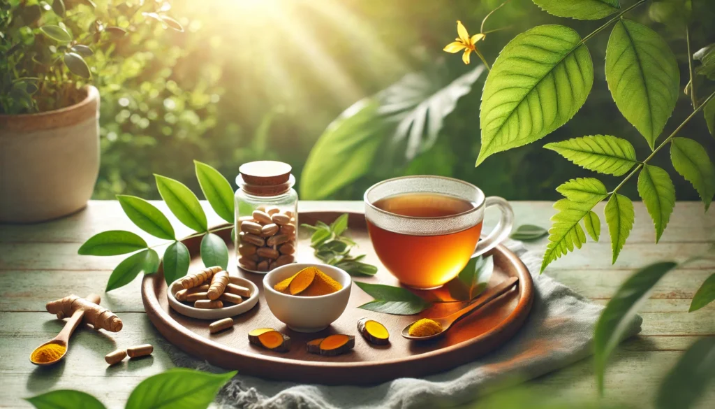 A holistic wellness setting featuring a wooden tray with a cup of herbal tea, fresh turmeric slices, and a small bowl of detox liver supplements, with soft sunlight filtering through green leaves, creating a rejuvenating atmosphere