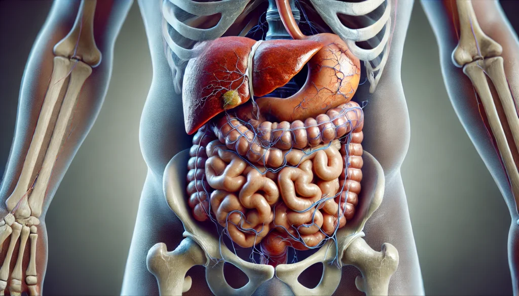 A detailed medical visualization of ascites, illustrating excessive fluid buildup in the abdominal cavity due to liver cirrhosis. The abdomen appears distended, with a semi-transparent view revealing fluid accumulation. A scarred liver is visible, along with signs of malnutrition, muscle wasting, and jaundiced skin, representing the effects of liver disease
