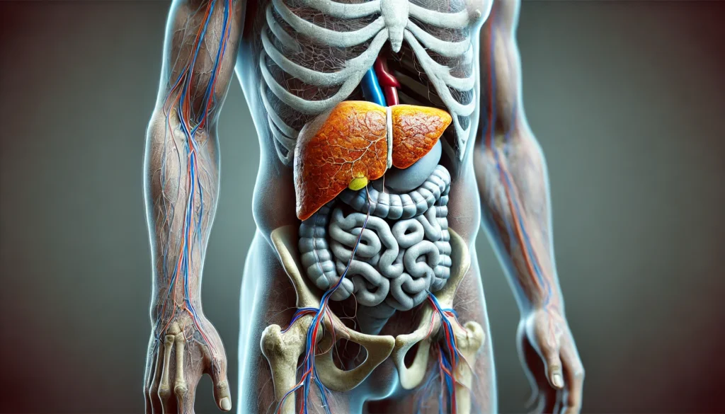 A medical illustration showing the symptoms of advanced liver disease and ascites. The patient appears malnourished with a swollen abdomen due to fluid retention. Other visible signs include jaundice (yellowing of skin and eyes), prominent abdominal veins, and muscle wasting. The liver is shown as scarred and damaged, representing cirrhosis