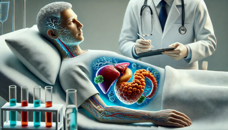 A realistic medical illustration of a patient with cirrhosis and ascites lying in a hospital bed. The patient has a swollen abdomen from fluid retention, with signs of jaundice, thin limbs due to muscle wasting, and prominent veins. A doctor or nurse is examining the patient, emphasizing the severity of liver disease in a clinical hospital setting