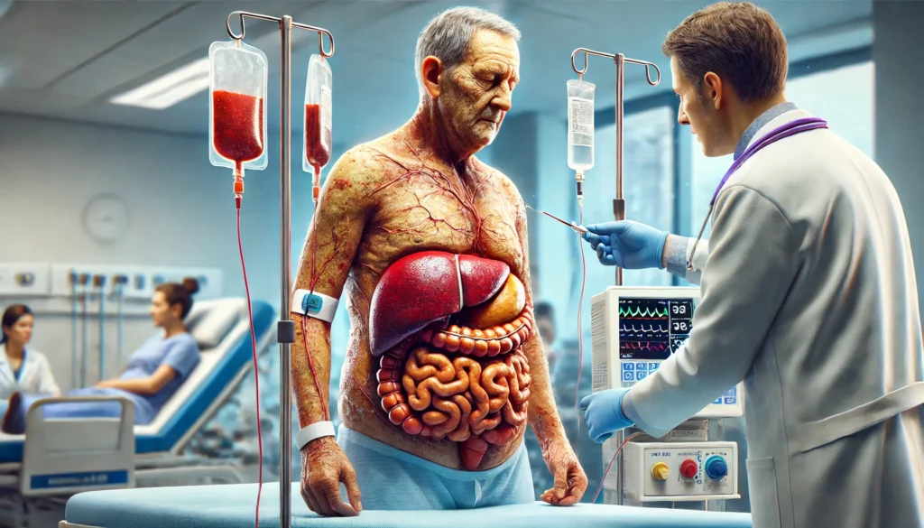 A high-detail medical illustration of a patient with cirrhosis and ascites receiving treatment in a hospital setting. The patient has a swollen abdomen due to severe fluid retention, with visible signs of jaundice, muscle wasting, and prominent veins. A doctor or nurse is carefully examining the patient, while medical equipment such as IV drips and monitors create a realistic hospital atmosphere