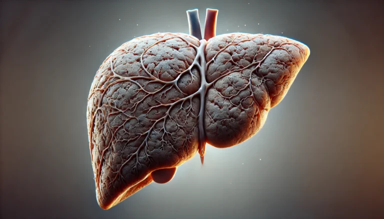A realistic 3D rendering of a human liver showing visible fibrosis symptoms, including rough textures, scarring, and an uneven surface. The focus is on liver damage while surrounding organs remain neutral