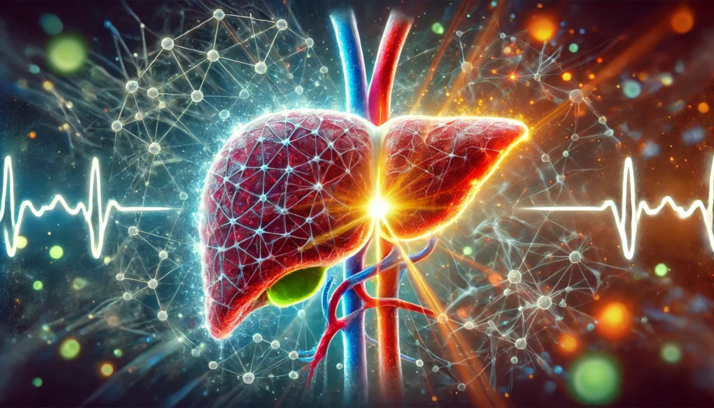 A conceptual artistic rendering of liver fibrosis treatment, showing a damaged liver transitioning into a healthier liver. Abstract glowing effects symbolize medical interventions and cellular repair