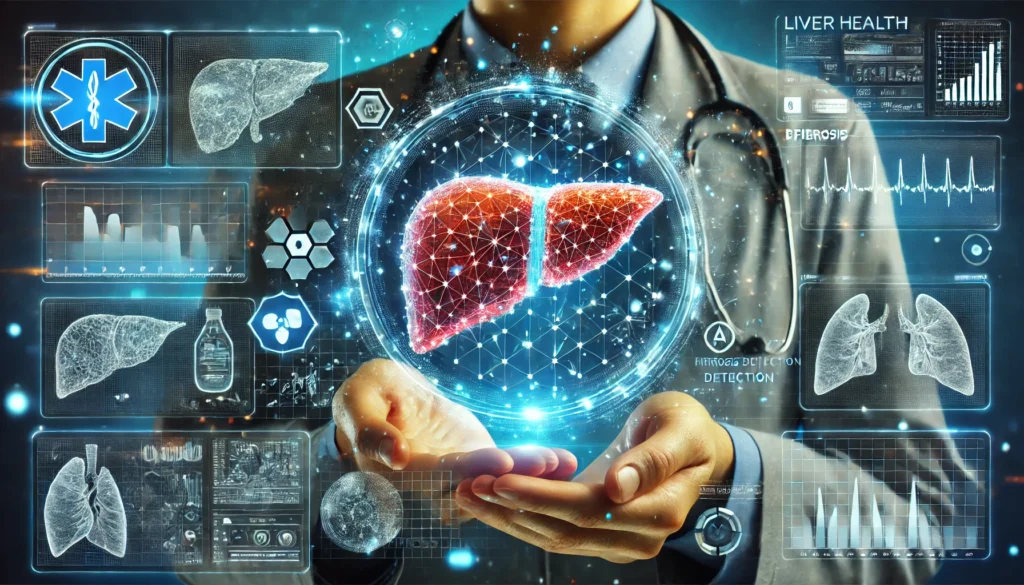 A futuristic medical visualization of liver health monitoring, featuring a digital holographic liver scan with fibrosis mapping. Medical technology elements, including AI diagnostics and data charts, surround a healthcare professional analyzing the scan