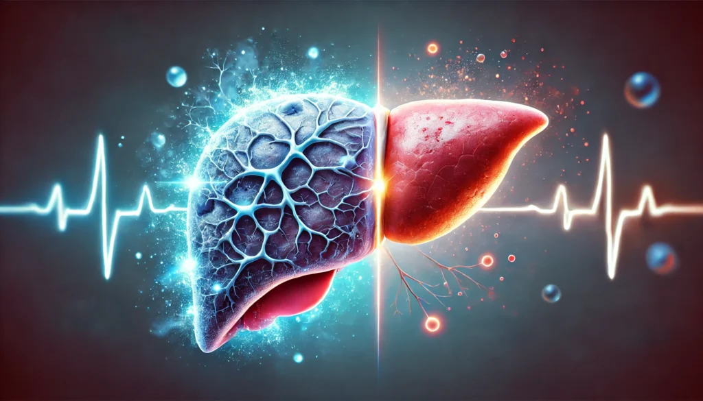 A symbolic representation of liver fibrosis treatment, showing a split-view liver where one side is scarred and fibrotic while the other side is regenerating and healthy. Soft glowing effects highlight the transition from damage to recovery, symbolizing medical advancements
