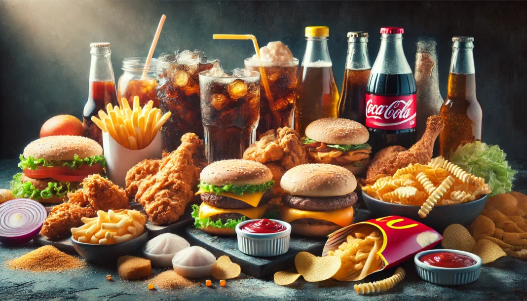 A dark, moody composition featuring greasy fast food like burgers, fries, fried chicken, and processed snacks such as chips, with sugary sodas. The overly greasy and artificial look emphasizes their negative impact on health