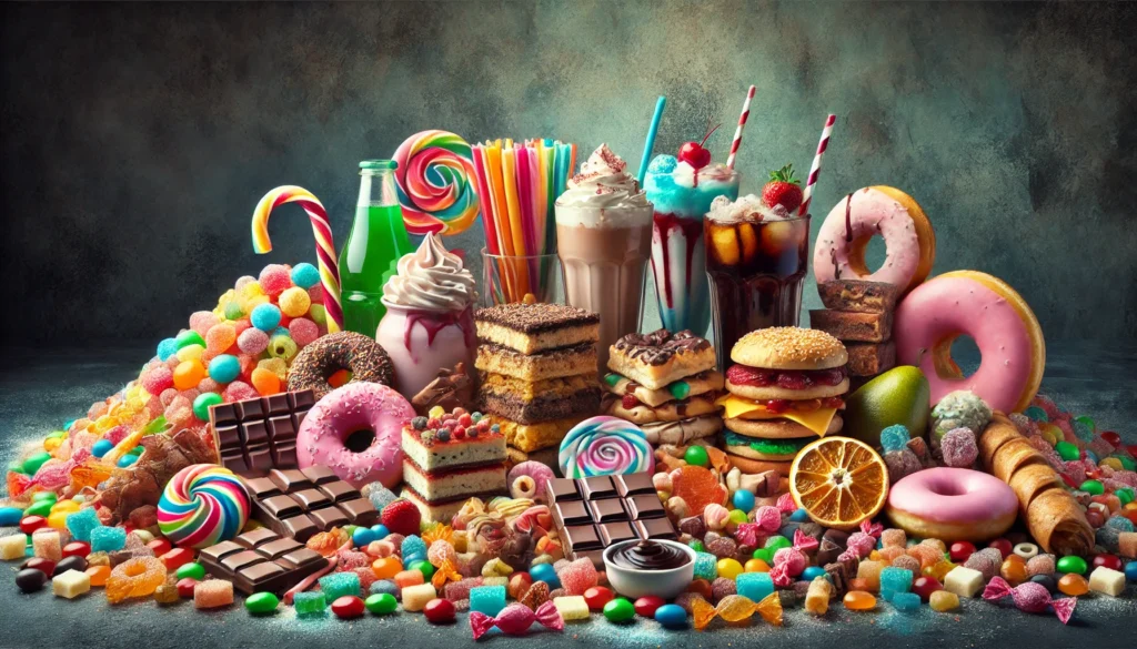 A vibrant yet ominous display of colorful candies, chocolates, pastries, doughnuts, and sugary drinks like sodas and milkshakes. The artificial saturation of the sweets emphasizes their high sugar content and potential dangers to health