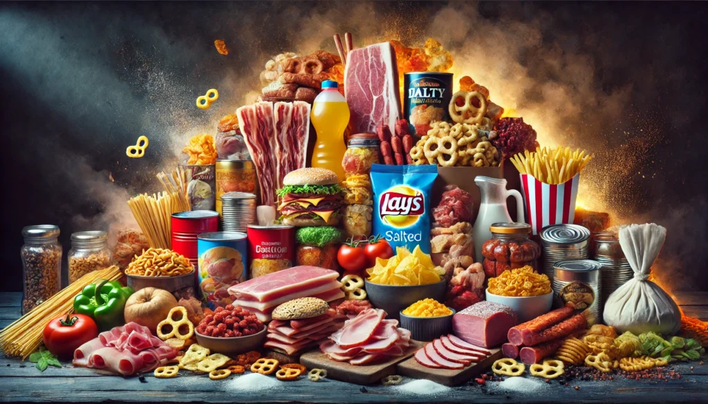 A dark, unhealthy composition featuring processed meats like bacon, sausages, and deli cuts, alongside canned foods, instant noodles, and salty snacks such as chips and pretzels. The artificial and overly processed look highlights their potential health risks