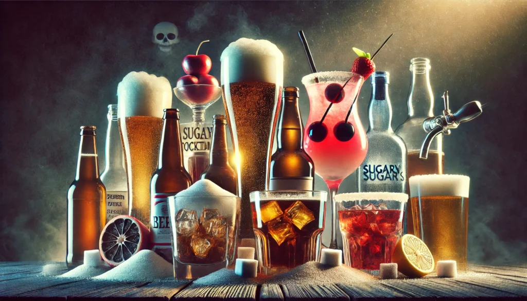 A dimly lit composition featuring an assortment of alcoholic beverages such as beer, whiskey, and sugary cocktails. The overflowing glasses and artificial glow emphasize the excessive consumption and its potential dangers to liver and kidney health