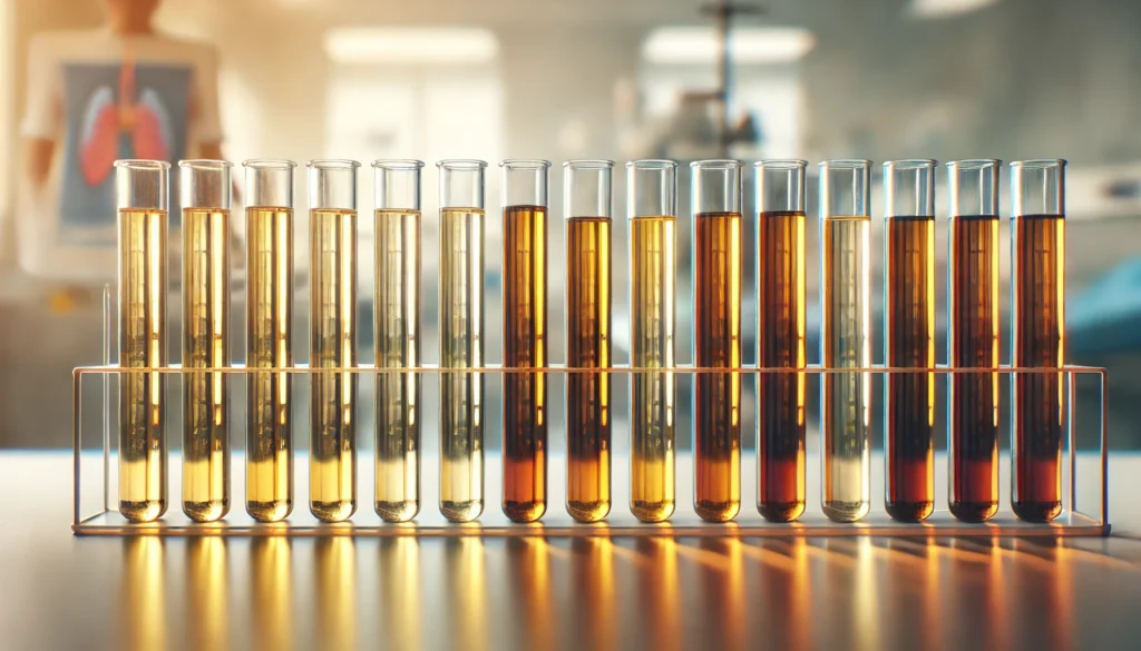 Liver Disease Urine Color: What Your Urine Can Reveal About Liver Health 1 A row of urine-filled test tubes arranged in gradient order, from light yellow (healthy) to dark brown (severe liver disease), placed in a laboratory setting. The soft-focus background suggests a clinical environment, highlighting the medical significance of urine color changes