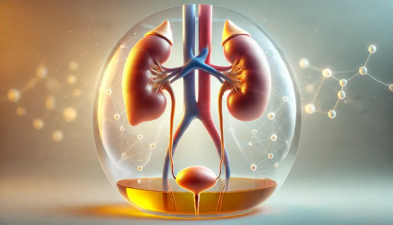 A conceptual medical illustration of a human liver and kidney, connected to a transparent bladder that displays a gradient of urine colors from pale yellow to dark brown. The image visually represents how liver health affects urine color, with a softly illuminated background for an educational and clinical effect