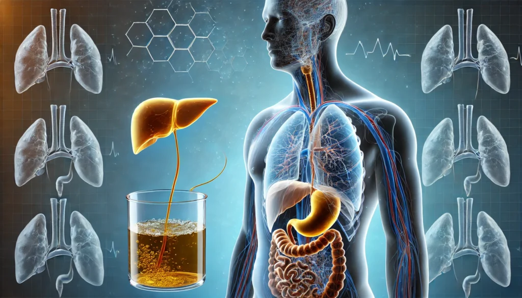 Liver Disease Urine Color: What Your Urine Can Reveal About Liver Health 2 A detailed 3D-rendered medical visualization of a human silhouette, with the liver and urinary system highlighted. A stream of urine flows into a glass container, transitioning from light yellow to dark brown, symbolizing different liver health conditions. The background features a subtle blue medical gradient, reinforcing the scientific theme