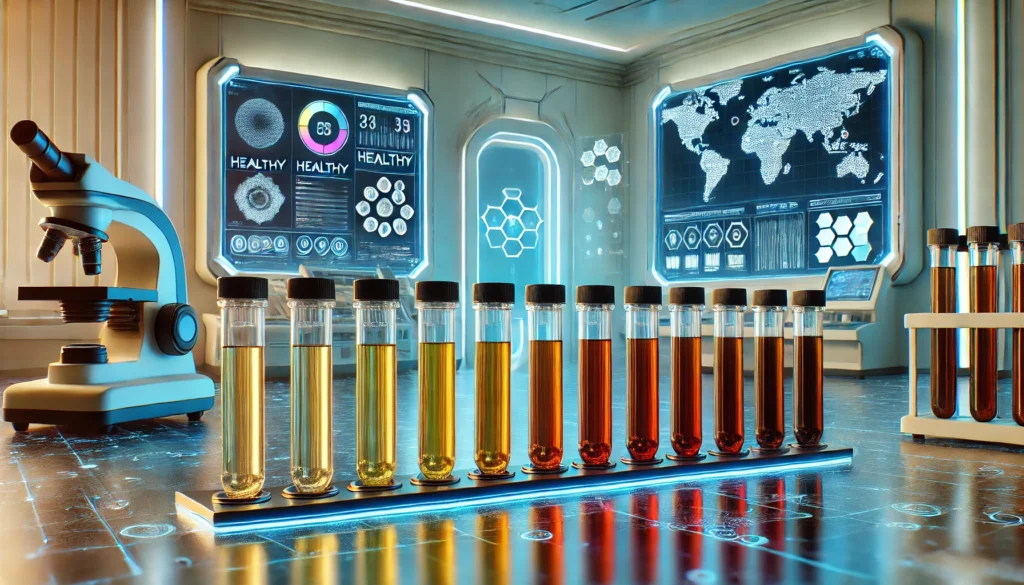 Liver Disease Urine Color: What Your Urine Can Reveal About Liver Health 3 A futuristic laboratory featuring a row of urine-filled test tubes arranged in gradient order, from light yellow (healthy) to dark brown (severe liver disease). The setting includes high-tech medical equipment, glowing blue holographic displays analyzing the samples, and soft neon lighting, creating an advanced diagnostic environment