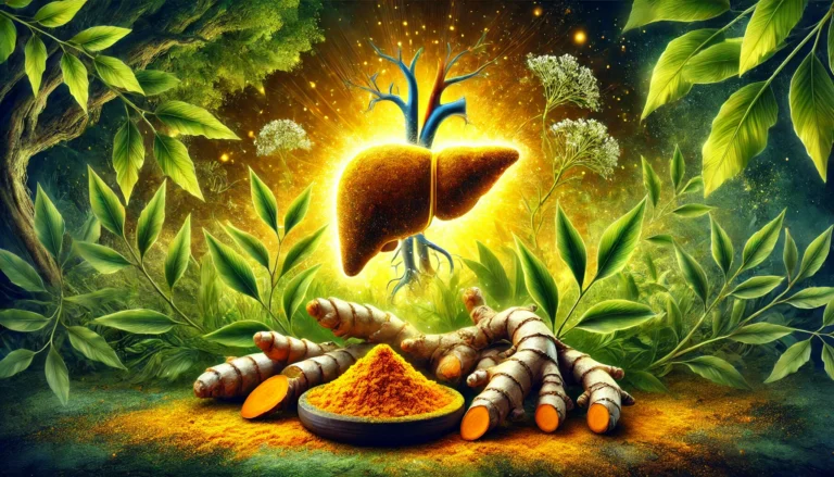 A vibrant digital painting of turmeric roots and powder in a natural setting, surrounded by lush green leaves. A glowing artistic representation of the liver in the background symbolizes detoxification and health, with warm golden hues emphasizing the cleansing benefits of turmeric