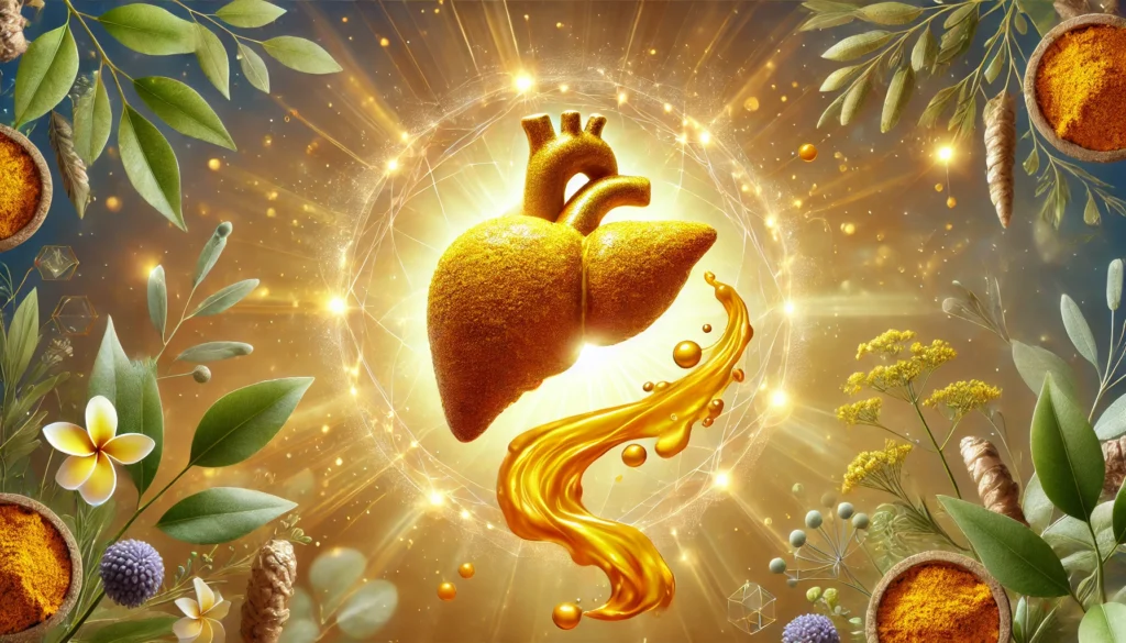 How Turmeric Supports Liver Detox: The Science Behind Its Cleansing Benefits 1 A surreal illustration of glowing turmeric-infused liquid flowing through a liver-shaped energy field, symbolizing detoxification. The golden liquid radiates healing properties, with a botanical-themed background enhancing the cleansing and health-focused ambiance
