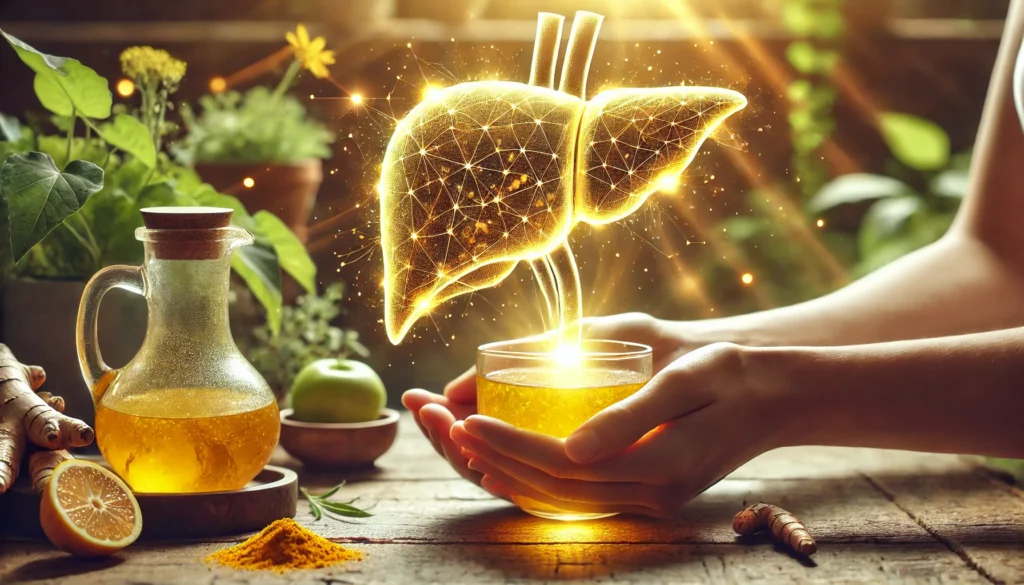How Turmeric Supports Liver Detox: The Science Behind Its Cleansing Benefits 2 A wellness-inspired scene of a person drinking turmeric-based detox tea, with a glowing artistic representation of a healthy liver in the background. The golden liquid radiates cleansing energy, set in a tranquil natural environment with herbs, sunlight, and greenery emphasizing holistic liver health