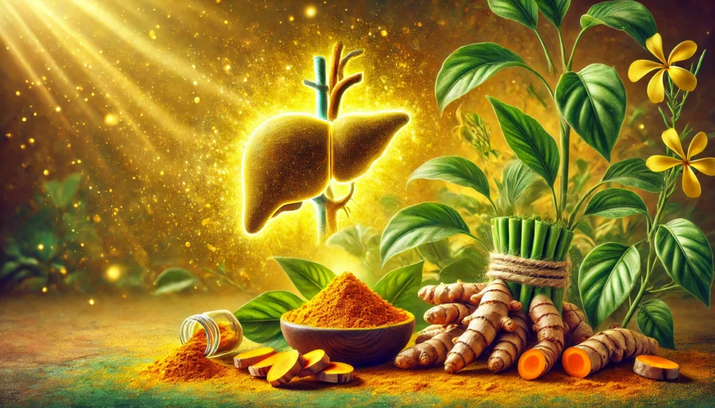 How Turmeric Supports Liver Detox: The Science Behind Its Cleansing Benefits 3 A vibrant digital painting of turmeric roots and powder in a natural setting, surrounded by lush green leaves. A glowing artistic representation of the liver in the background symbolizes detoxification and health, with warm golden hues emphasizing turmeric’s natural cleansing benefits