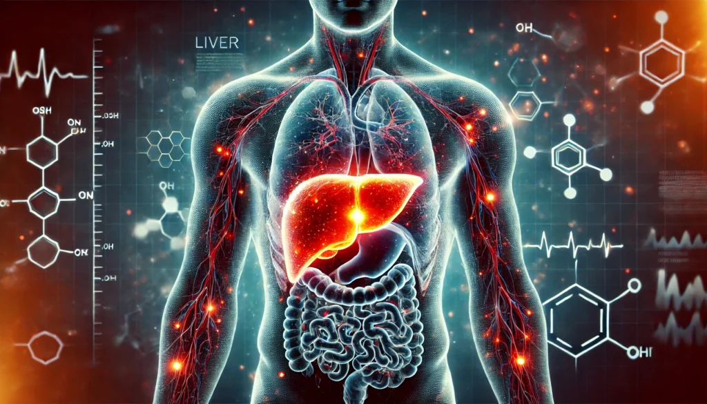10 Signs You Need a Liver Detox: How to Recognize Symptoms and Support Your Health 1 A conceptual digital illustration of a human liver glowing red and inflamed within a semi-transparent human body, symbolizing liver stress and toxicity. The dark background features abstract medical graphics representing harmful substances and toxins