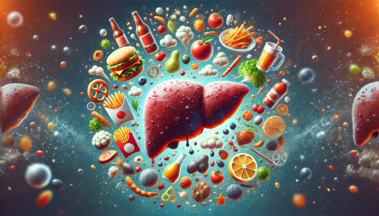 A symbolic digital illustration of an unhealthy liver, bloated and discolored, surrounded by floating toxic particles, fat buildup, and unhealthy food elements like fried foods and alcohol. The imagery represents poor liver health and the need for detoxification