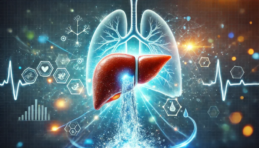 10 Signs You Need a Liver Detox: How to Recognize Symptoms and Support Your Health 2 A medical-themed digital illustration of a human liver being cleansed, glowing with vitality. Streams of clean, blue liquid flow through the liver, symbolizing detoxification and purification. The background features abstract health-related graphics